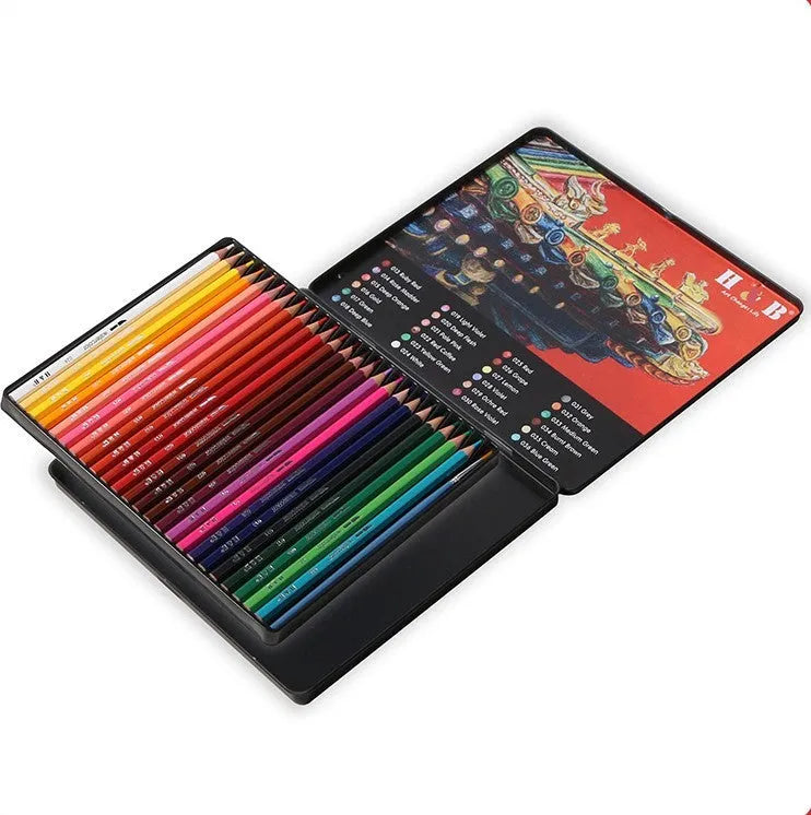 Water-soluble coloured pencil set with brush in an open iron storage tin, showing 24 wooden pencils.