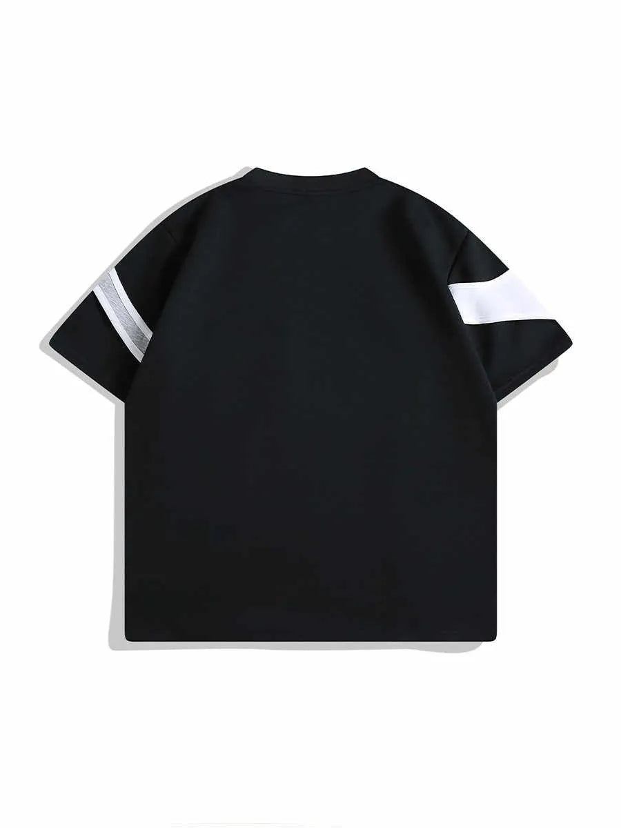 Black short sleeve t-shirt on a hanger showing round neck and double-stitched padded shoulder straps.