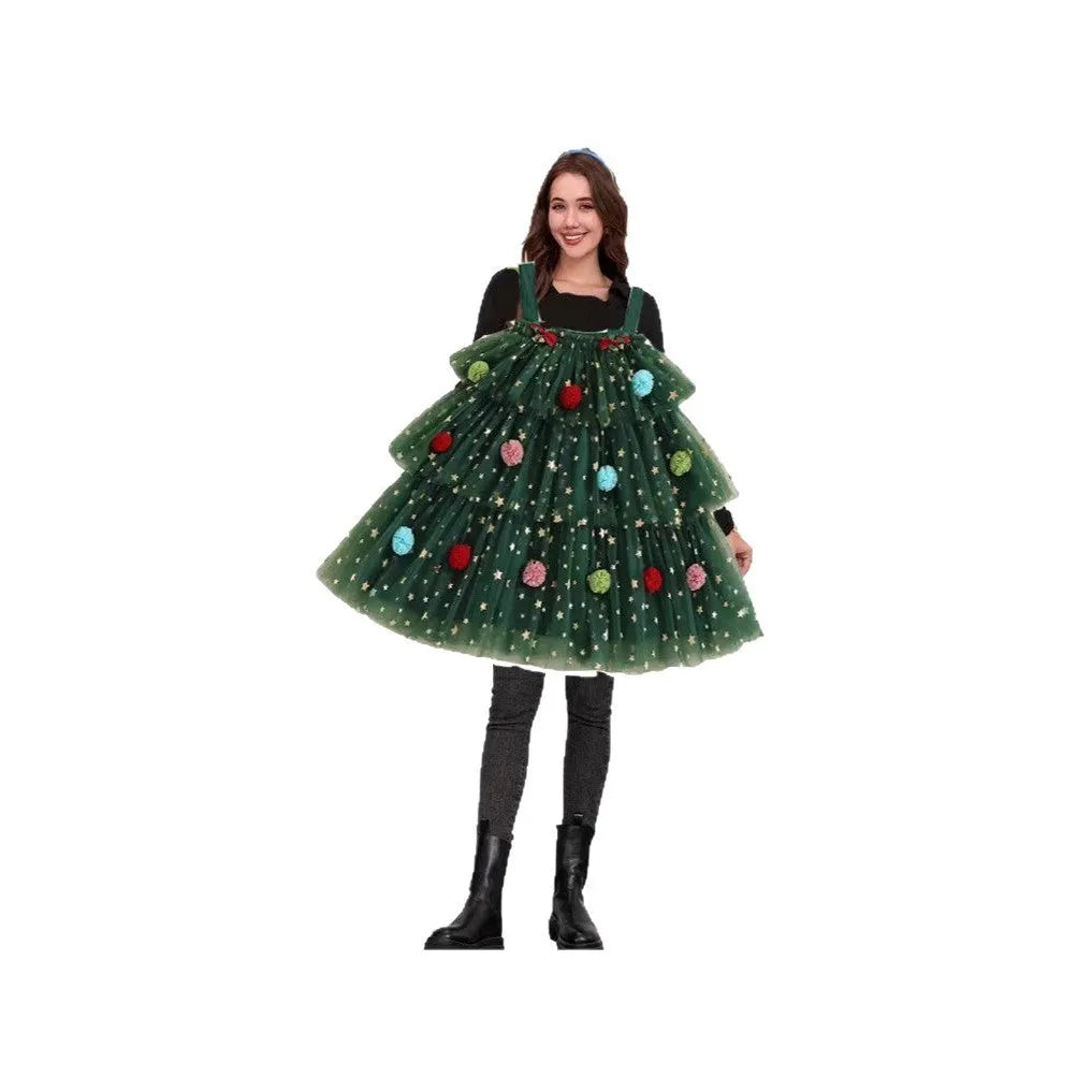 Green mesh sleeveless dress with colourful polka dot balls and a multi-layer tiered suspender skirt.