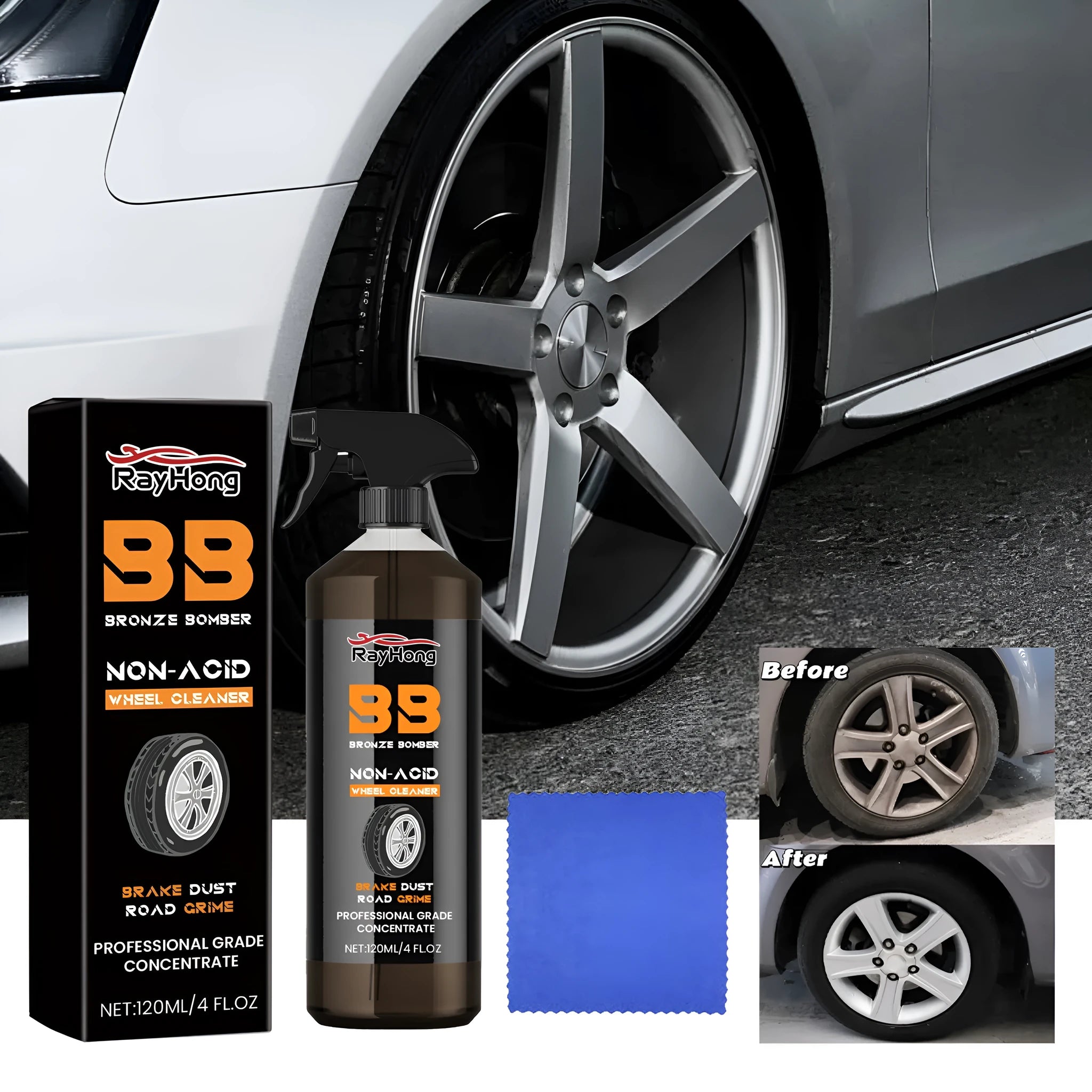 Car tyre cleaner kit with 500ml bottle and a 20x20cm microfiber towel for alloy wheels.