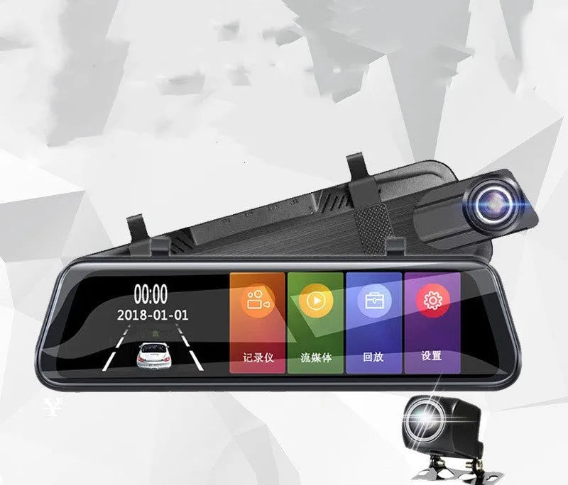 10-inch streaming dashcam rearview mirror with dual lens, anti-glare blue mirror, and touch IPS screen