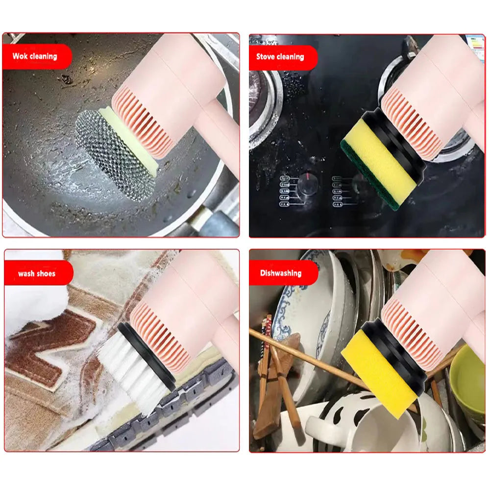 White electric cleaning brush with rotating scrub head and separate scouring pad attachment