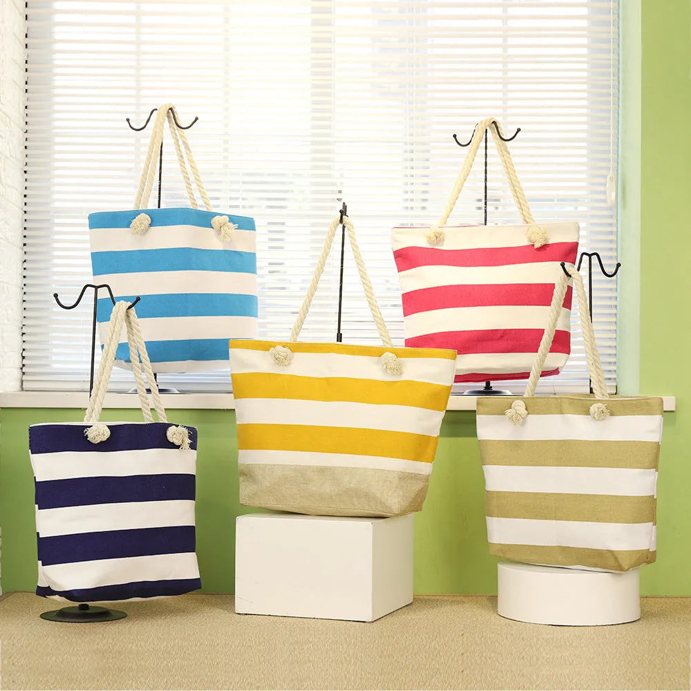 Striped canvas shoulder bag 50x12x35cm with double straps and internal zip pocket in blue brown grey navy red