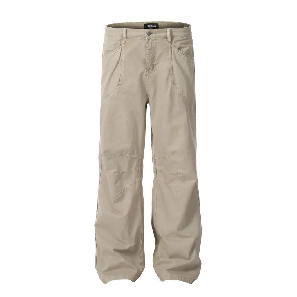 Men's loose straight-leg cotton trousers in brown colour with high waist and zip fly closure