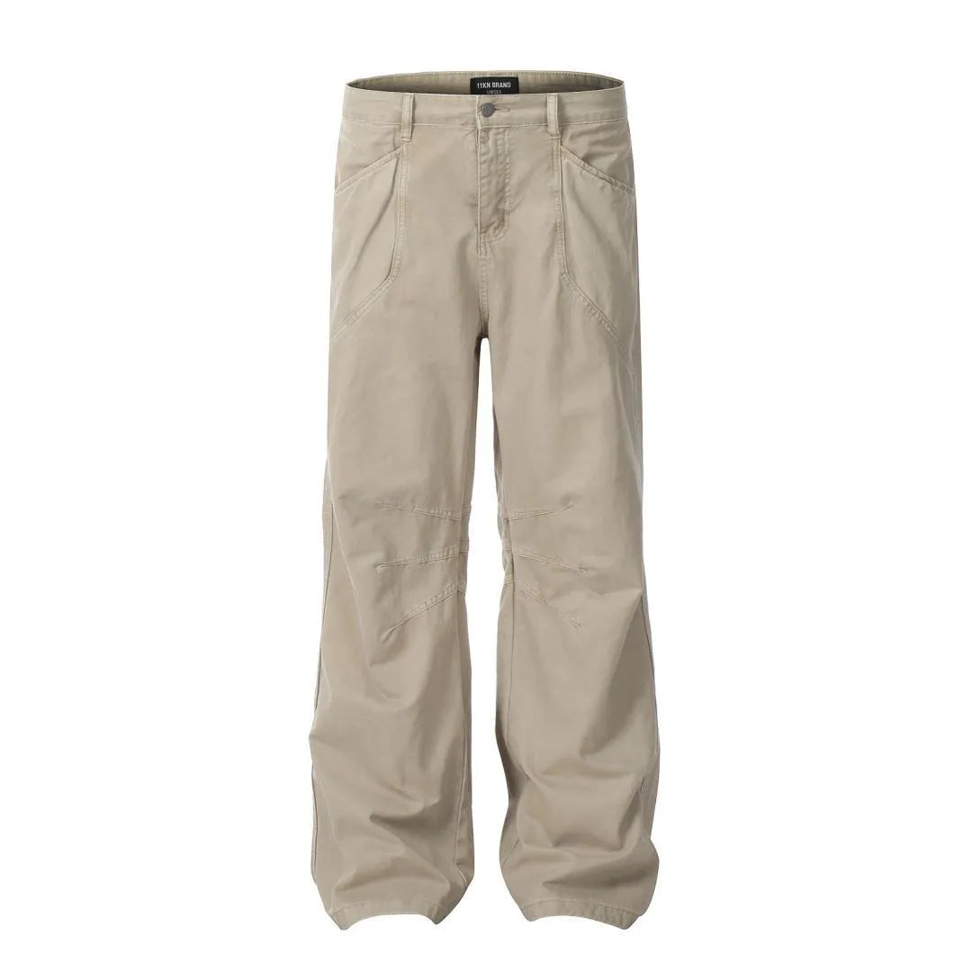 Men's loose straight-leg cotton trousers in brown colour with high waist and zip fly closure