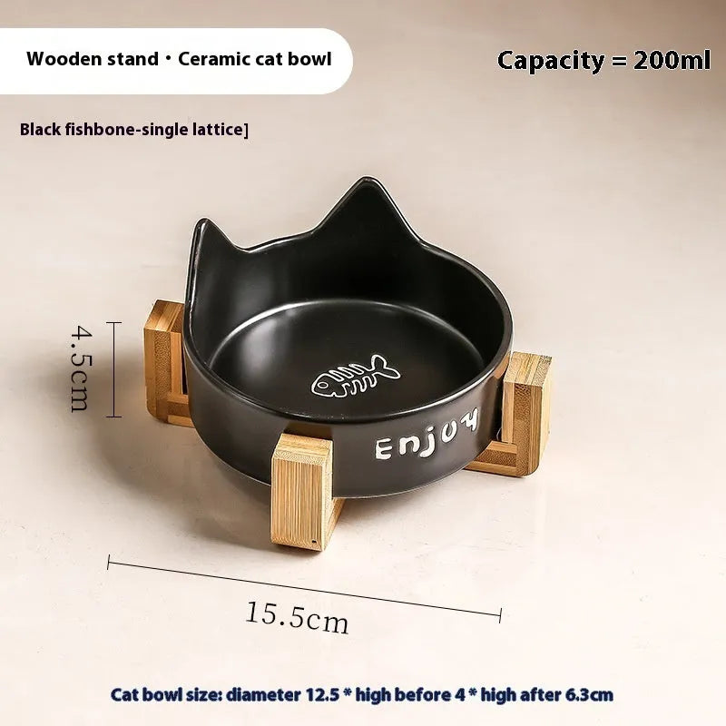 Ceramic cat bowl set with wooden anti-slip frame in cat paw design
