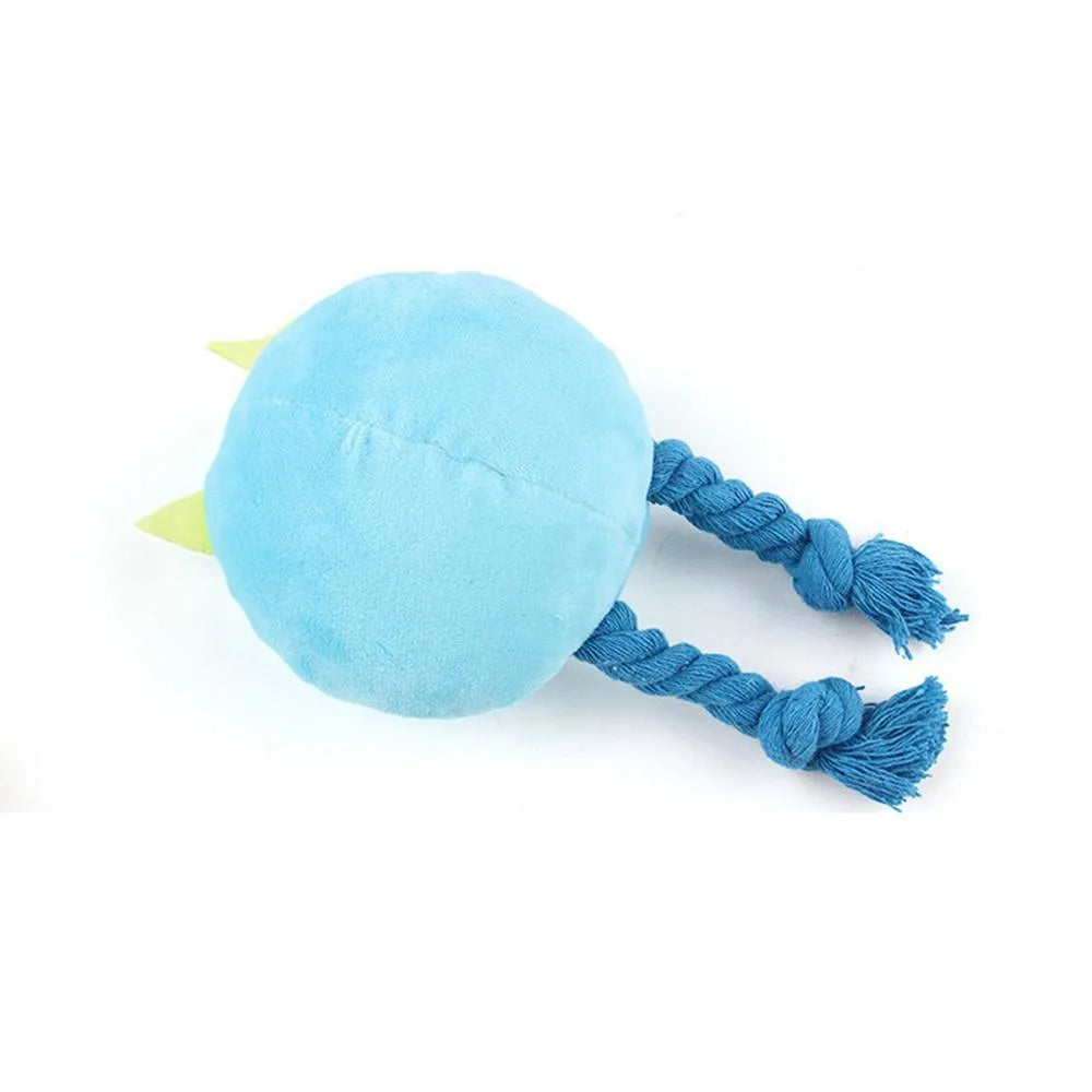 Blue and yellow cartoon character dog squeaky toy with strong knot rope design