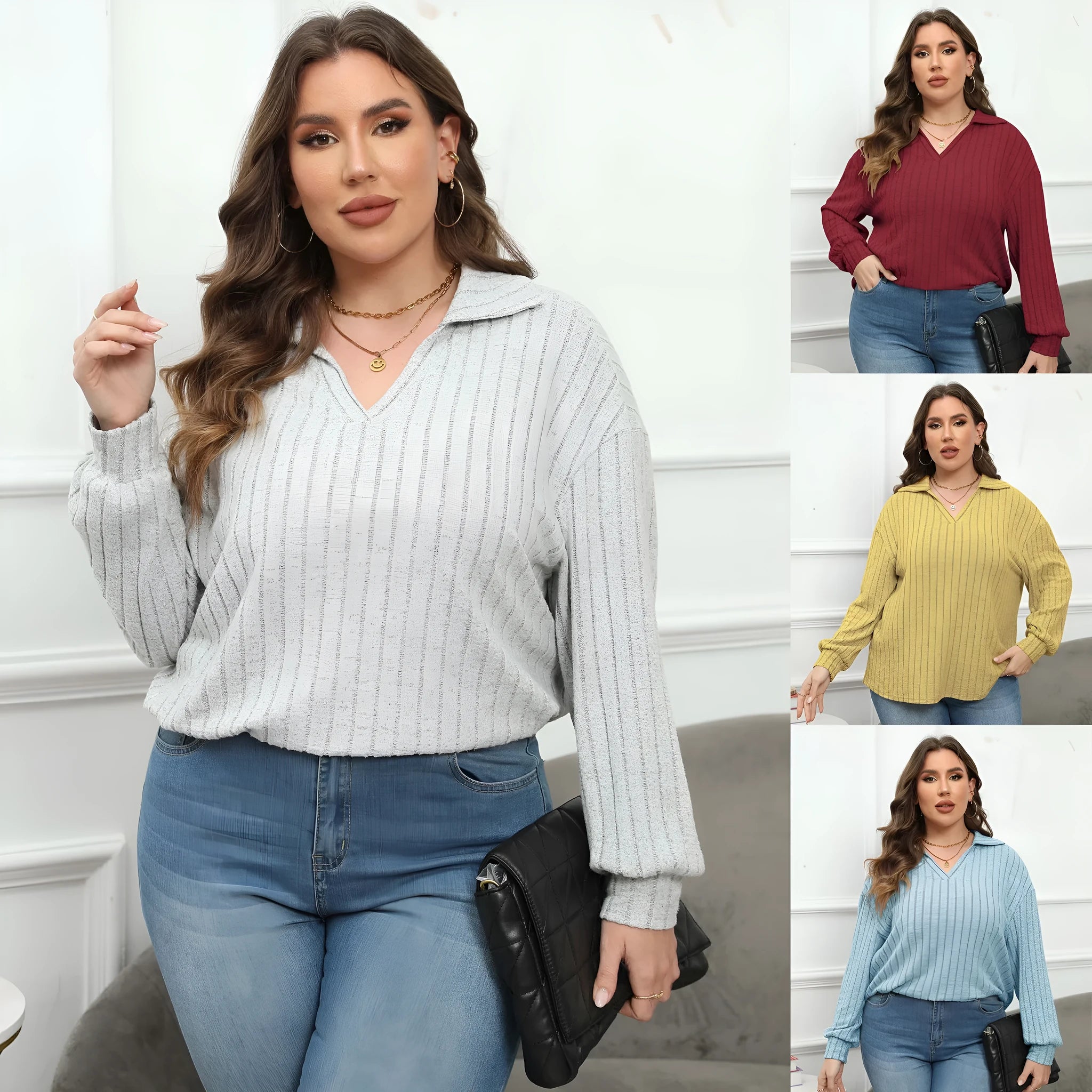 Women's plus size grey polo collar fleece shirt with lantern sleeves laid flat.