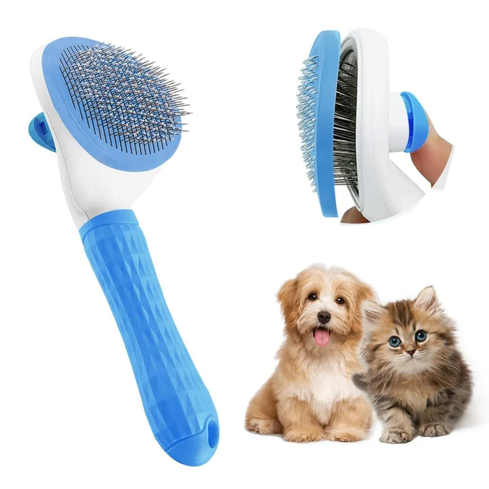 Blue cat grooming brush with a release button for removing loose fur and tangles.