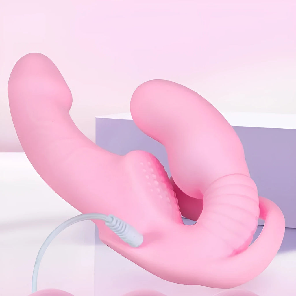 Pink double-headed dragon silicone dildo with remote control and three shock modes, wearable adult product