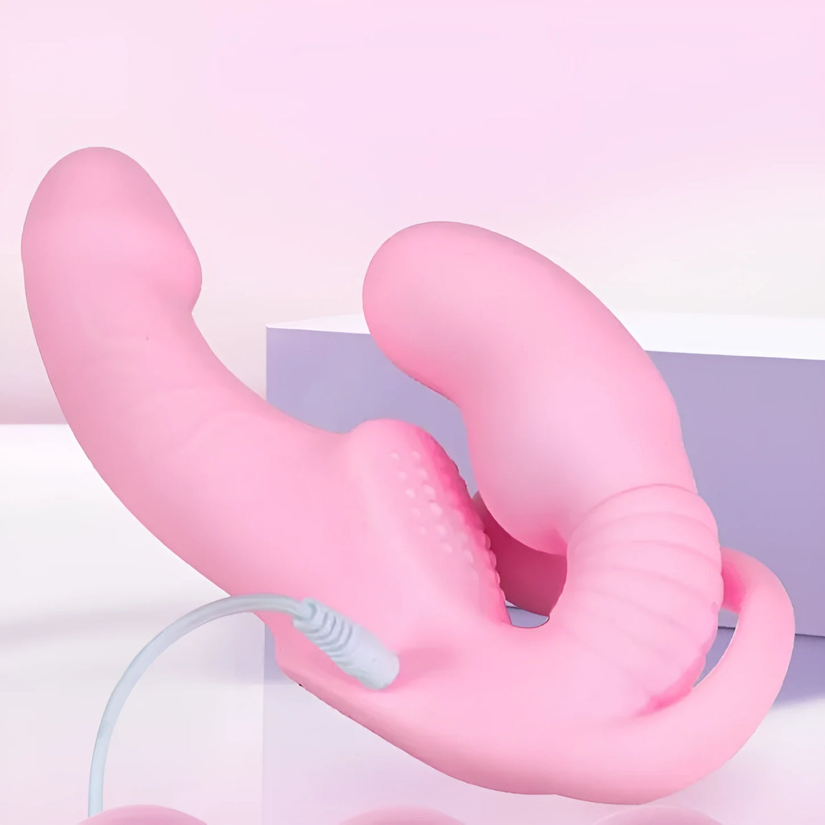 Pink double-headed dragon silicone dildo with remote control and three shock modes, wearable adult product