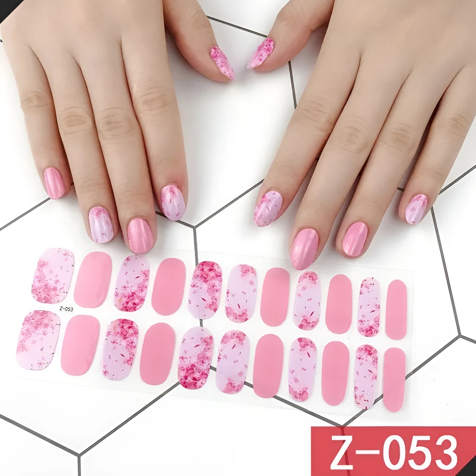 Korean nail sticker sheets showing strawberry, flower, bow, and embossed patterns with included nail file