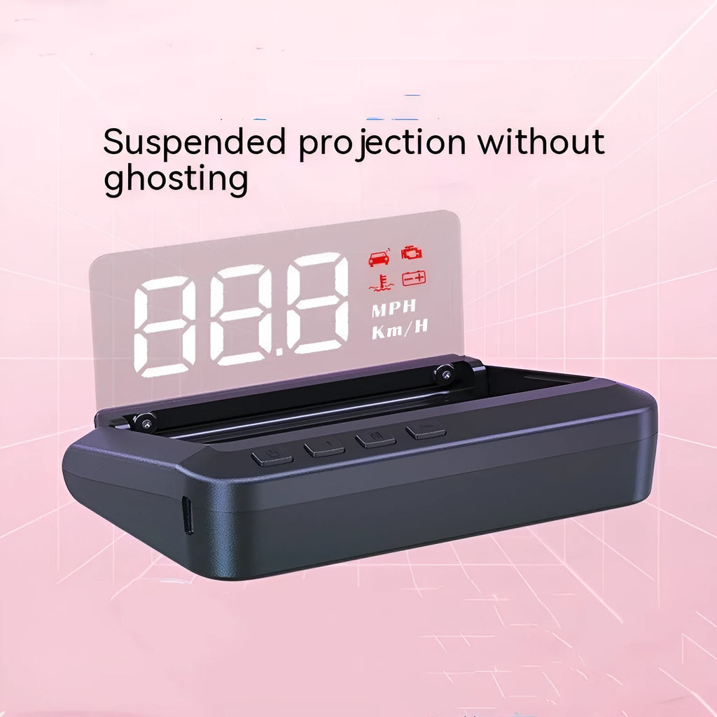 Black car head-up display unit on a dashboard, showing a projected speed readout on the windscreen.