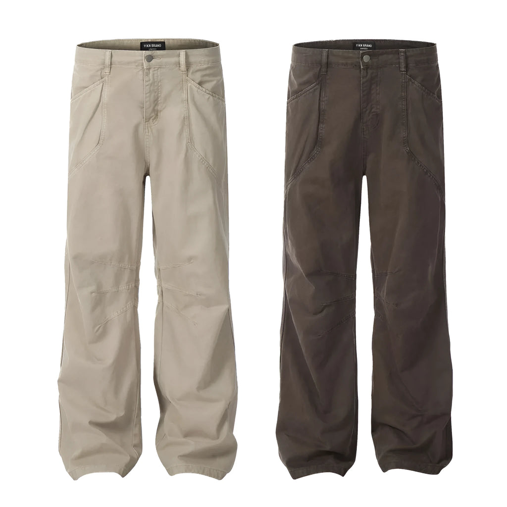 Men's loose straight-leg cotton trousers in brown colour with high waist and zip fly closure