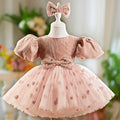 Girls' bean pink puff sleeve puffy gauze princess dress with headband on display