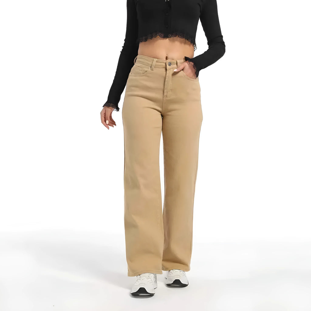 Women's apricot straight-leg wide trousers with a high waist on a hanger.