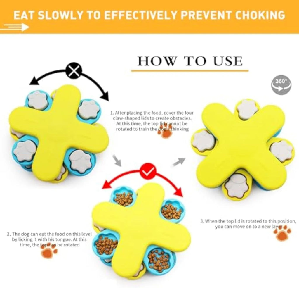 Yellow dog puzzle feeder toy with rotating lids on a non-slip base
