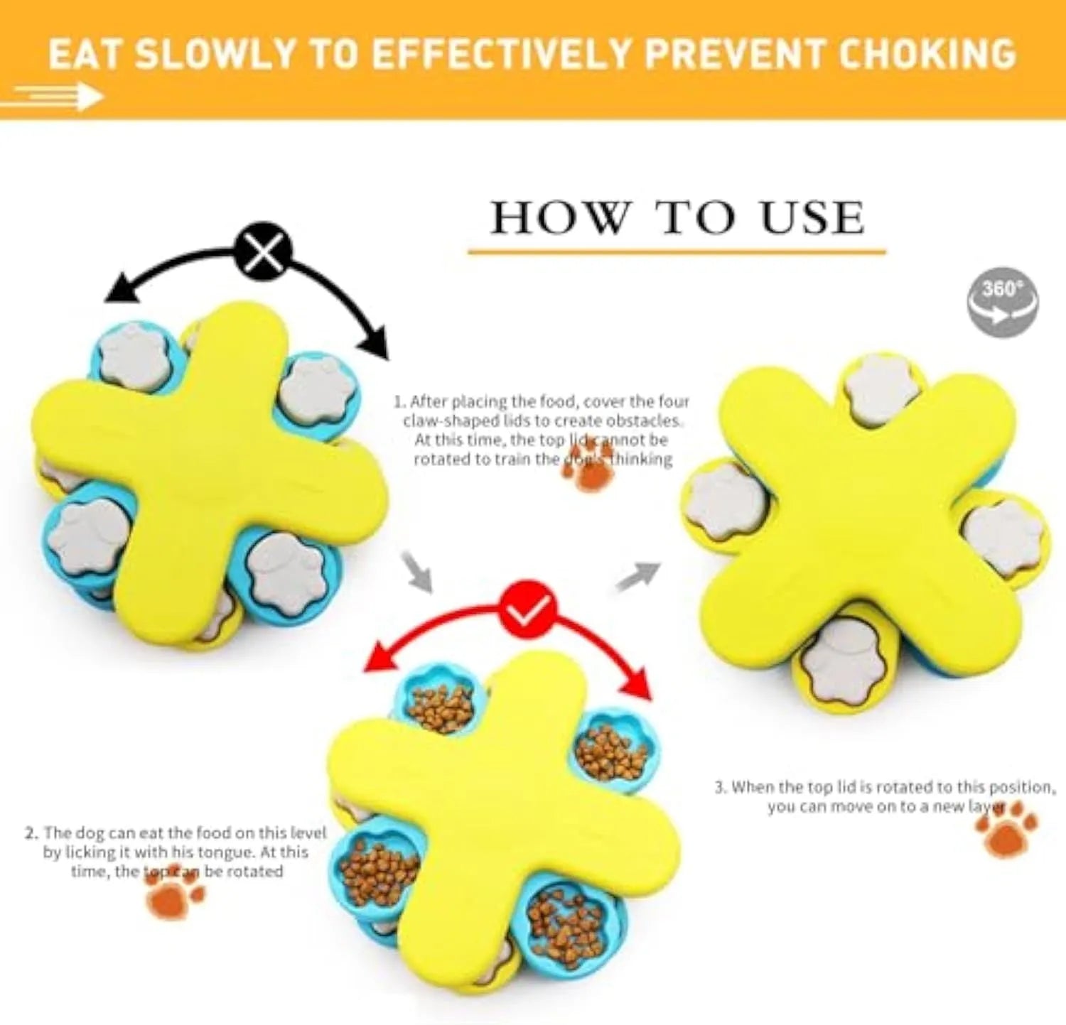 Yellow dog puzzle feeder toy with rotating lids on a non-slip base