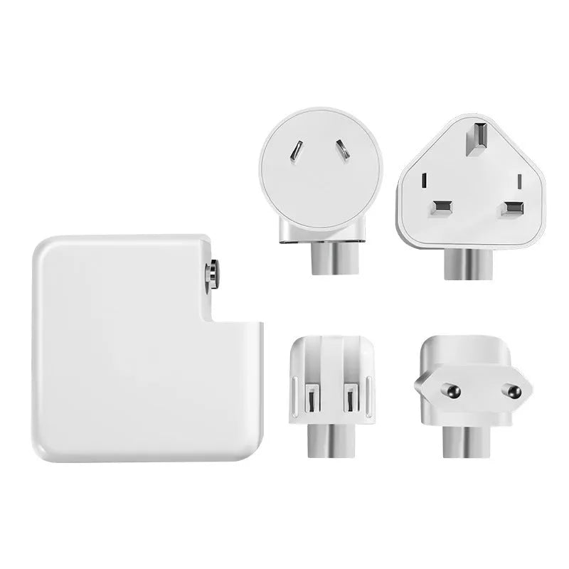 61W USB-C laptop charger with international UK EU US AU plugs measuring 7x7x3cm