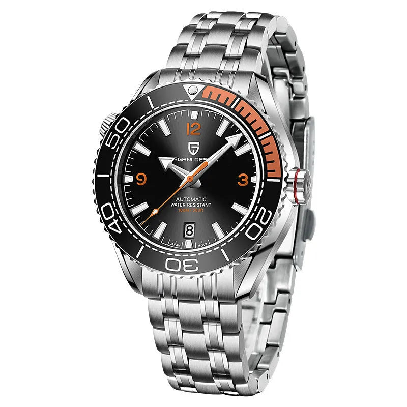 Rotatable bezel mechanical watch with 42mm dial, luminous hands, and nylon rubber strap.