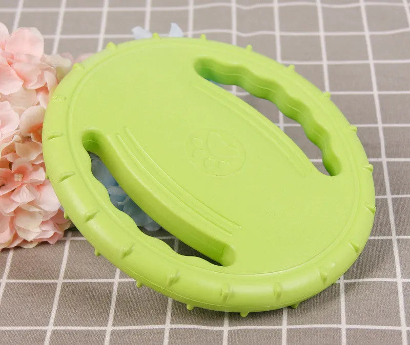 Dog anti-bite training frisbee and interactive bite ring in orange and green plastic sizes medium large trumpet