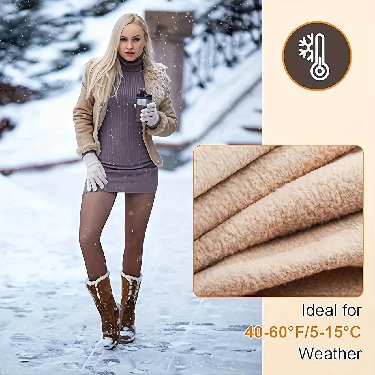 Women's anti-snagging thermal leggings in black and coffee colours showing wool lining and footed style.