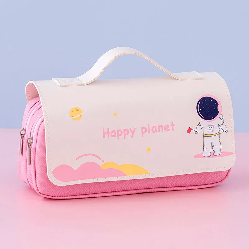 Canvas pencil case 21x10cm with cartoon planet flip design in navy blue, blue, pink or orange.