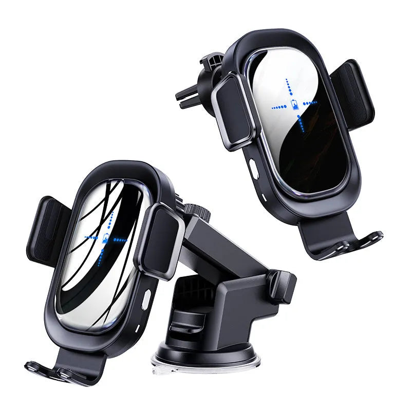 Black 08 induction car wireless charger with suction cup holder and air outlet clip, QI standard, 15W output