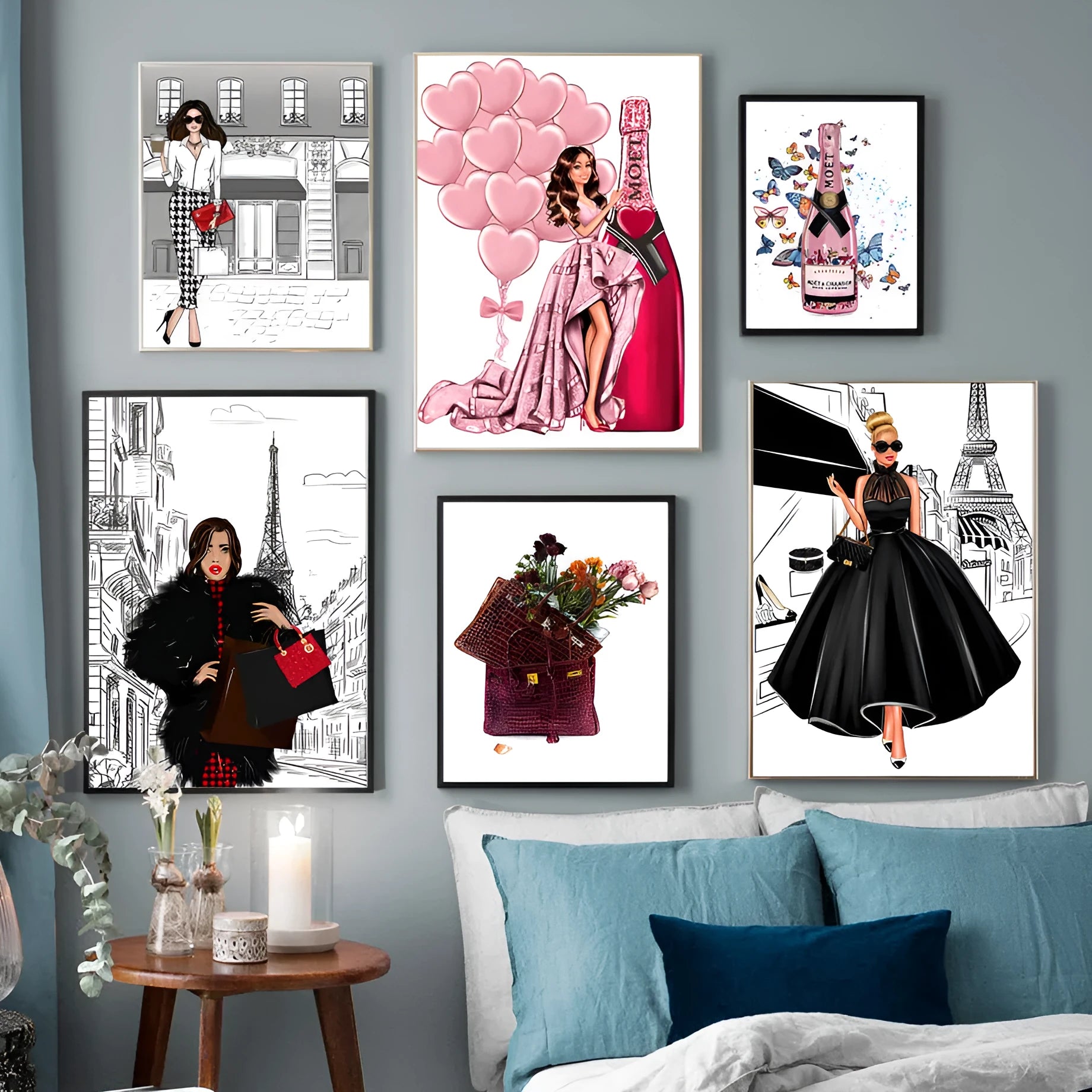 Canvas wall art print of cartoon anime girl holding balloon with champagne design in multiple sizes