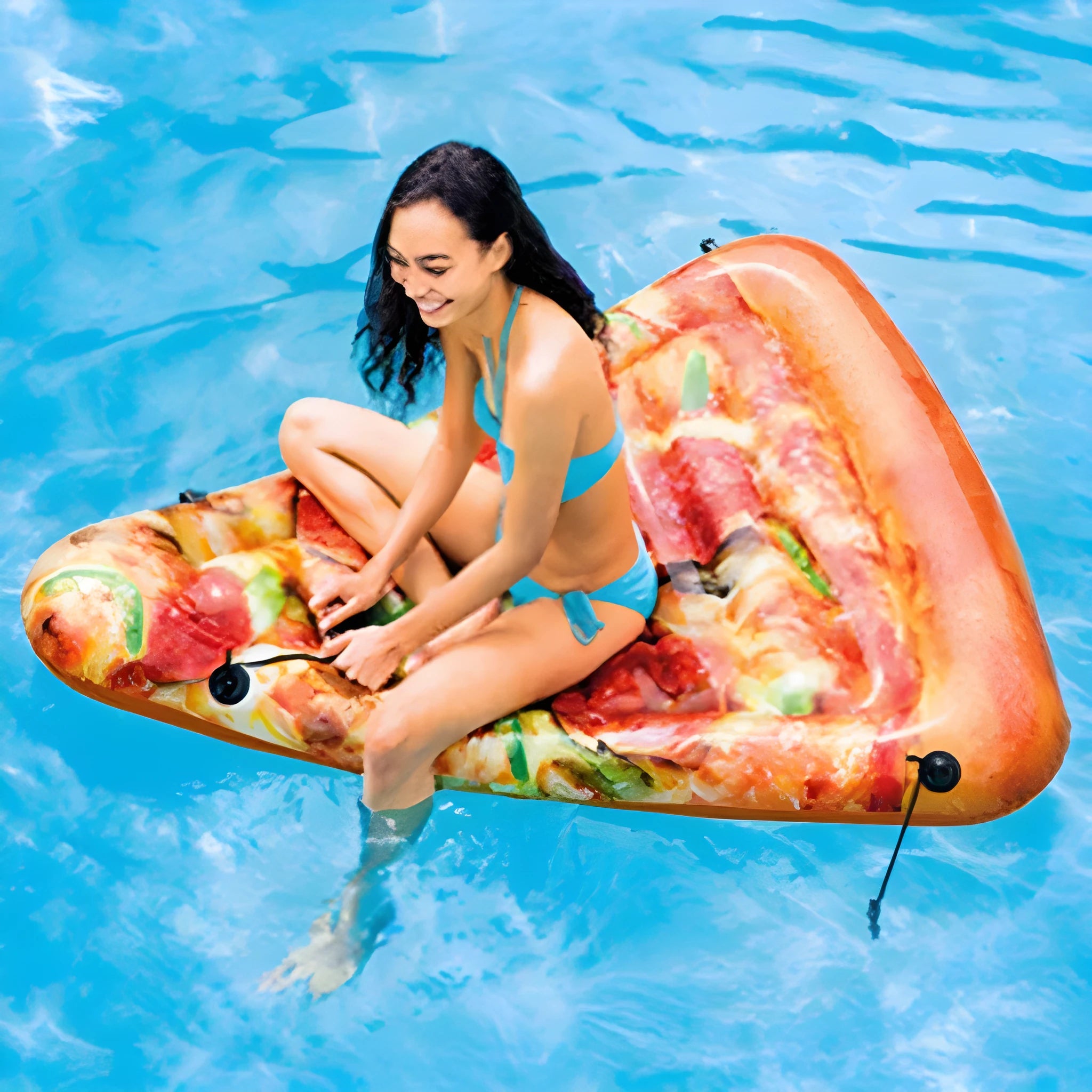 Large green and red pizza themed inflatable surfboard float on water