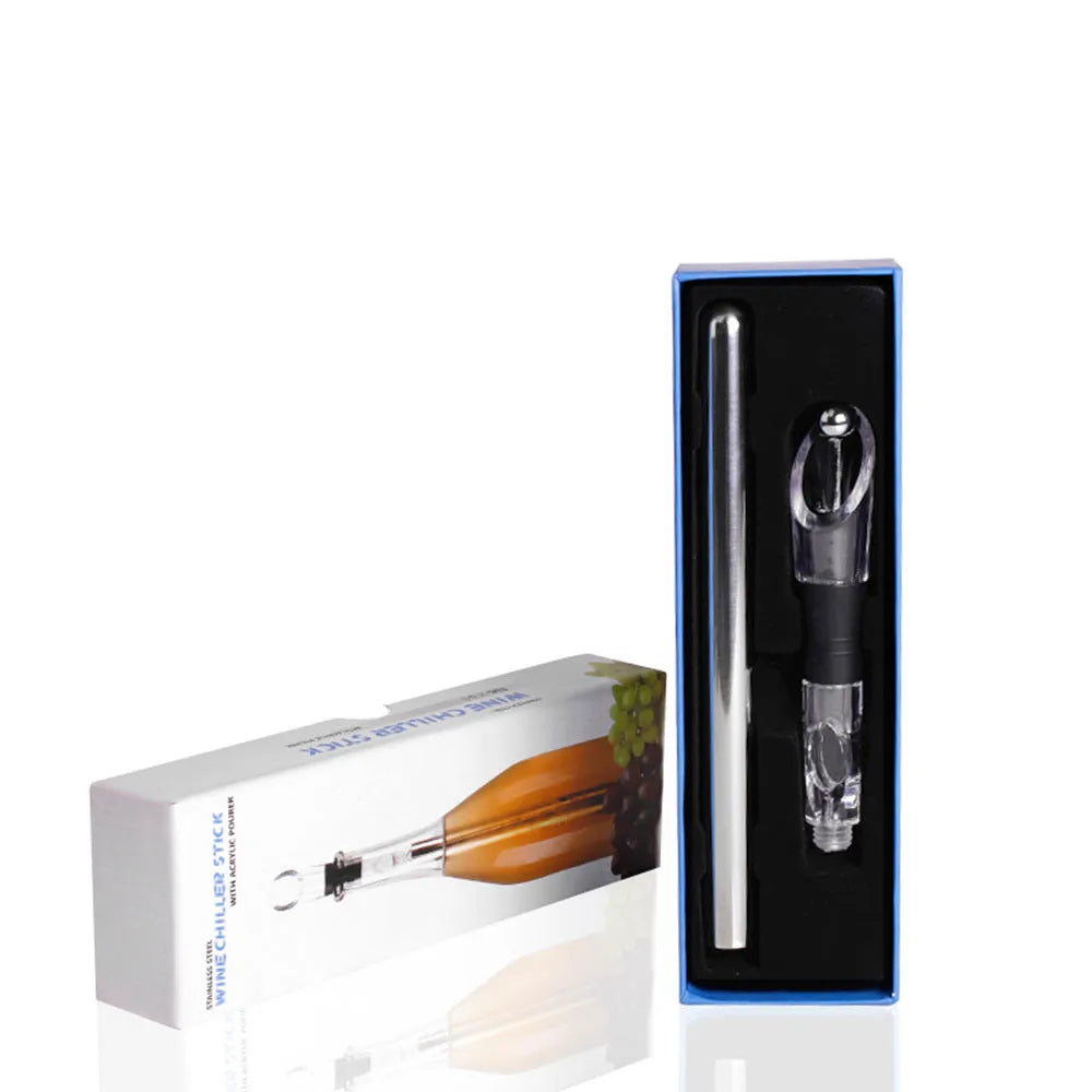 Stainless steel wine chilling rod with integrated drip-free pourer and aerator, shown in silver finish