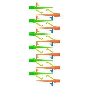 Ten plastic watering spikes 16.5cm long in green and orange for bottle-based garden irrigation