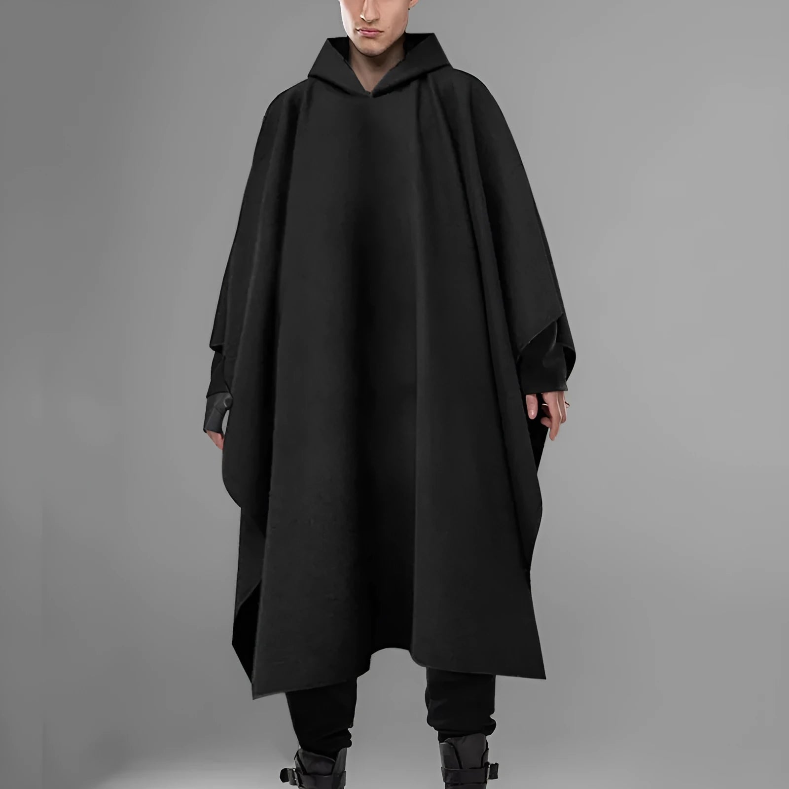 Men's black hooded cloak coat with loose punk streetwear design, front view