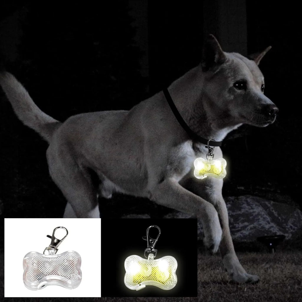 Blue LED bone-shaped luminous pendant attached to a black dog collar, flashing on a dark background.