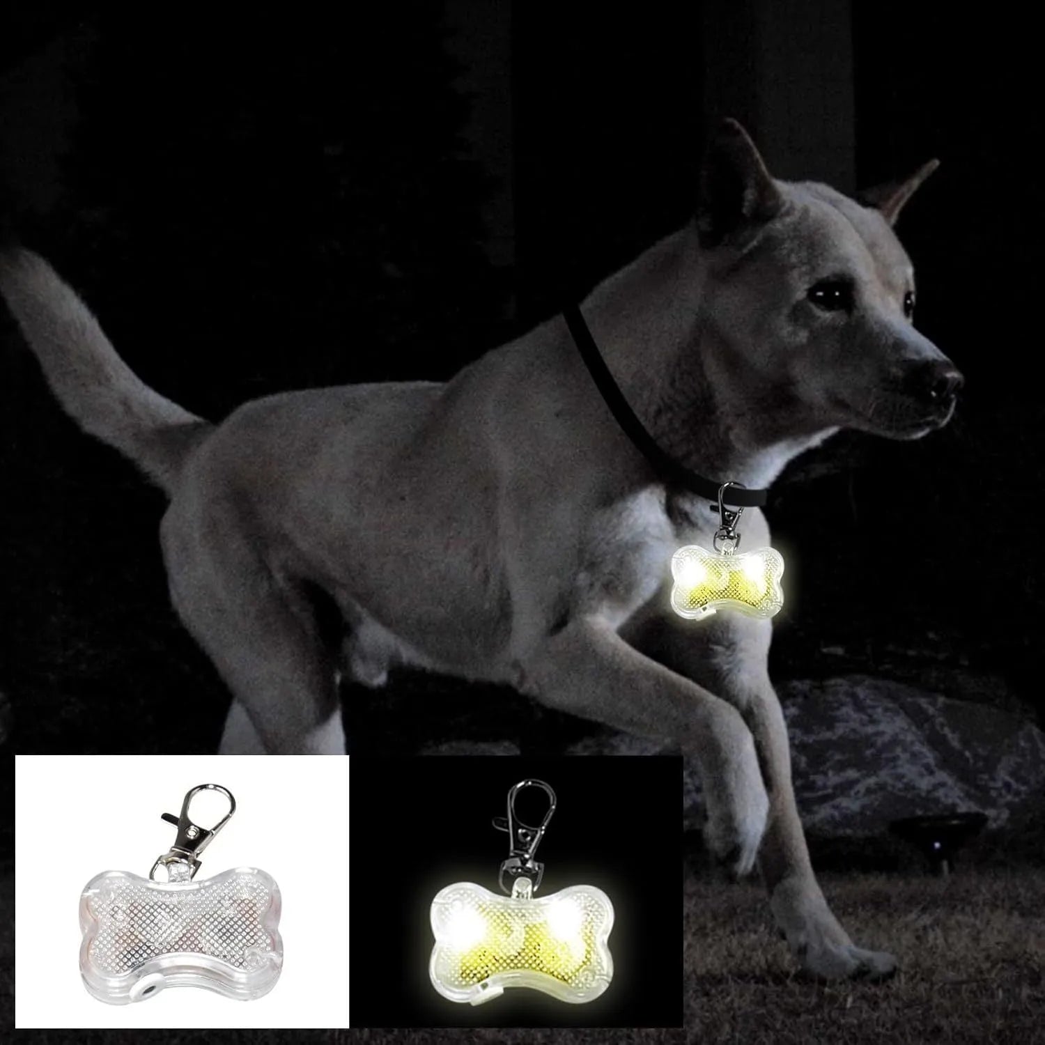 Blue LED bone-shaped luminous pendant attached to a black dog collar, flashing on a dark background.
