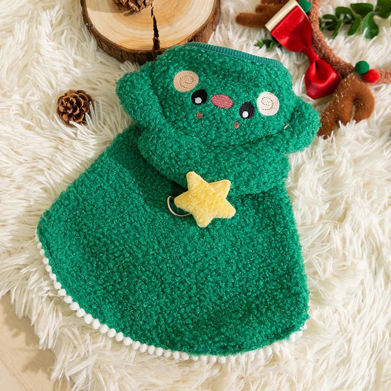 Cartoon elk design cat cloak in green or brown polyester for winter warmth