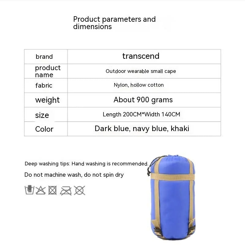Outdoor cloak sleeping bag worn as cape showing grey colour and 200x140cm dimensions