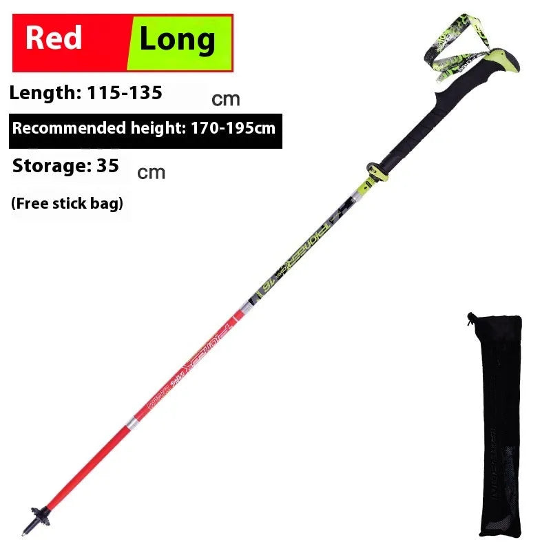 Carbon fibre folding climbing cane with tungsten steel tip shown in extended and collapsed positions