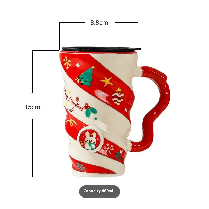 Christmas couple ceramic mug with cartoon pattern, 401-500ml capacity, household cup set