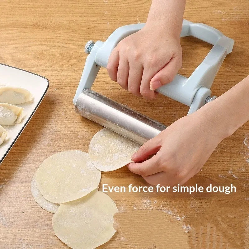 Sky blue folding stainless steel rolling pin on a white background showing its compact mechanism
