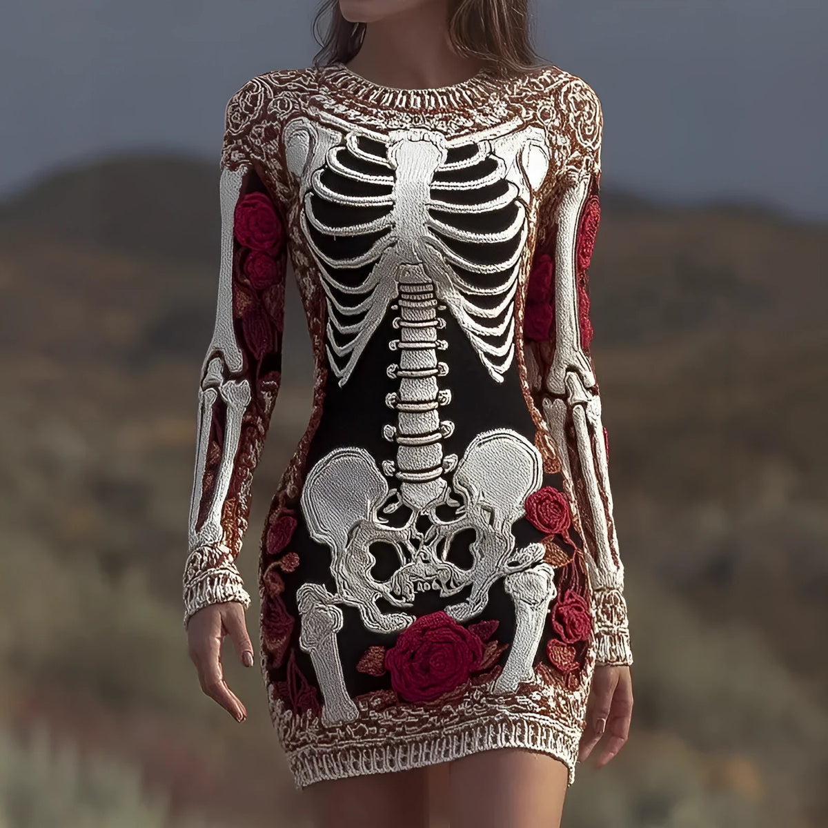 Women's long-sleeve thick polyester sweater dress with skull skeleton print, cinched waist, hip skirt, street style.