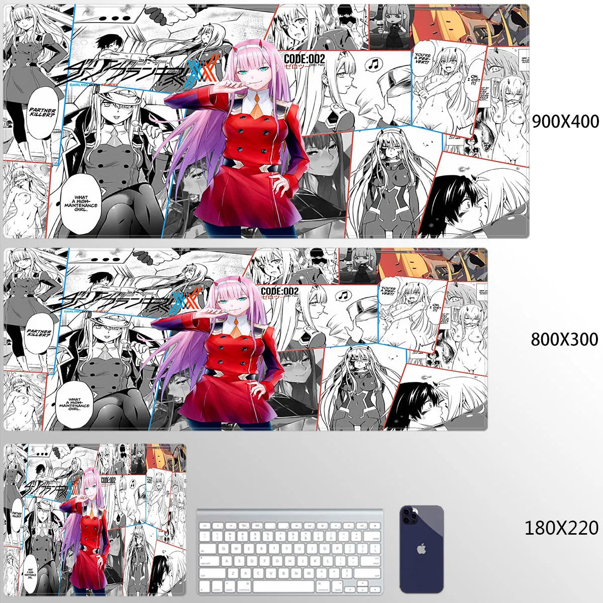 Cloth keyboard mat with Darling anime design in pink, multiple size options from 25x29cm to 40x90cm