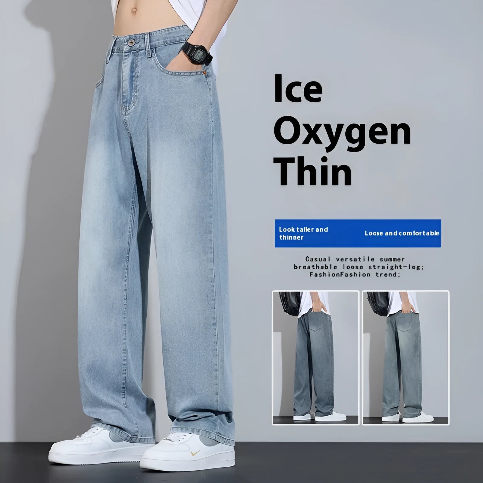 Straight leg denim trousers in a wide leg style on a hanger, showing the zip fly placket.
