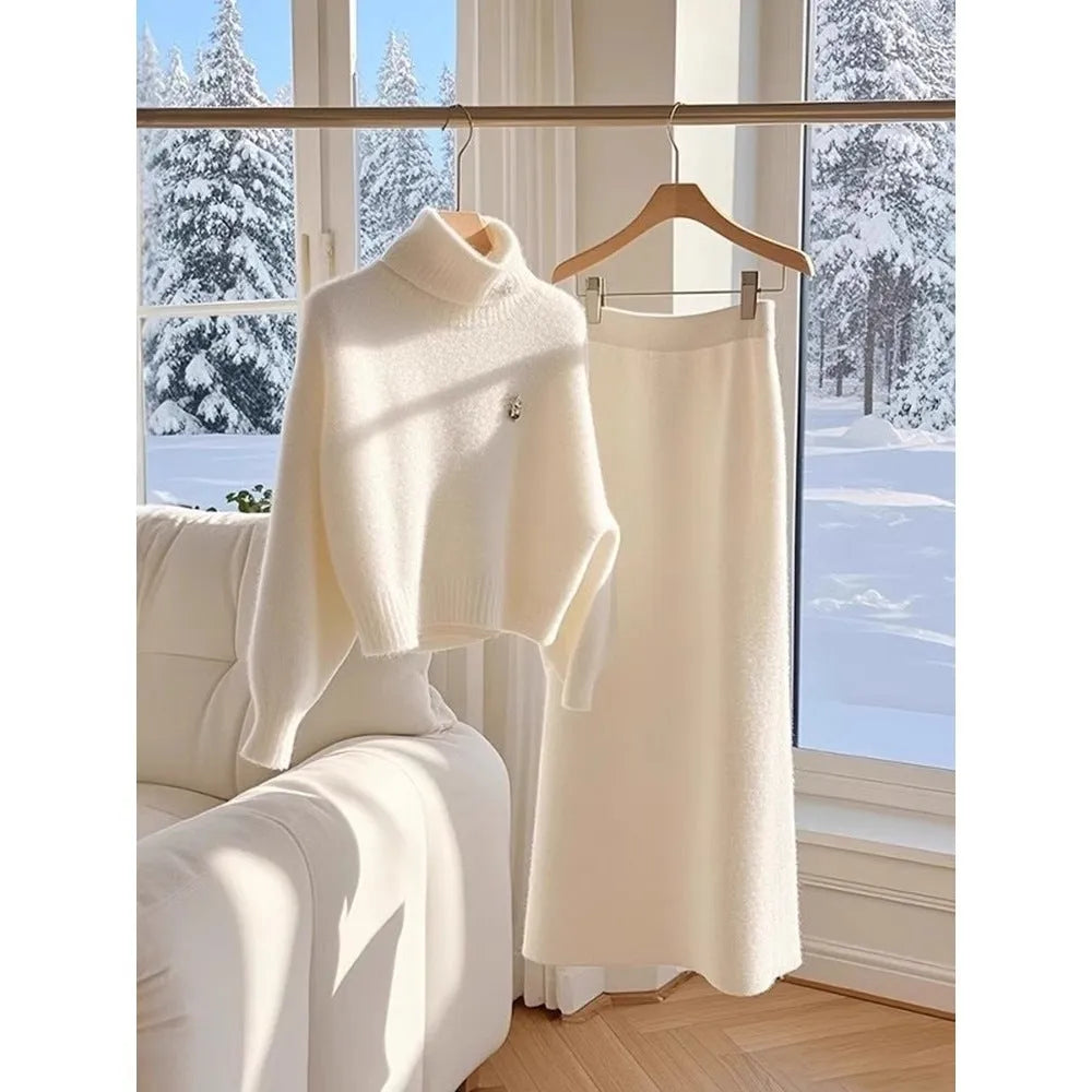 White knitted sweater skirt suit with long sleeve top and long skirt for women, sizes S-3XL.