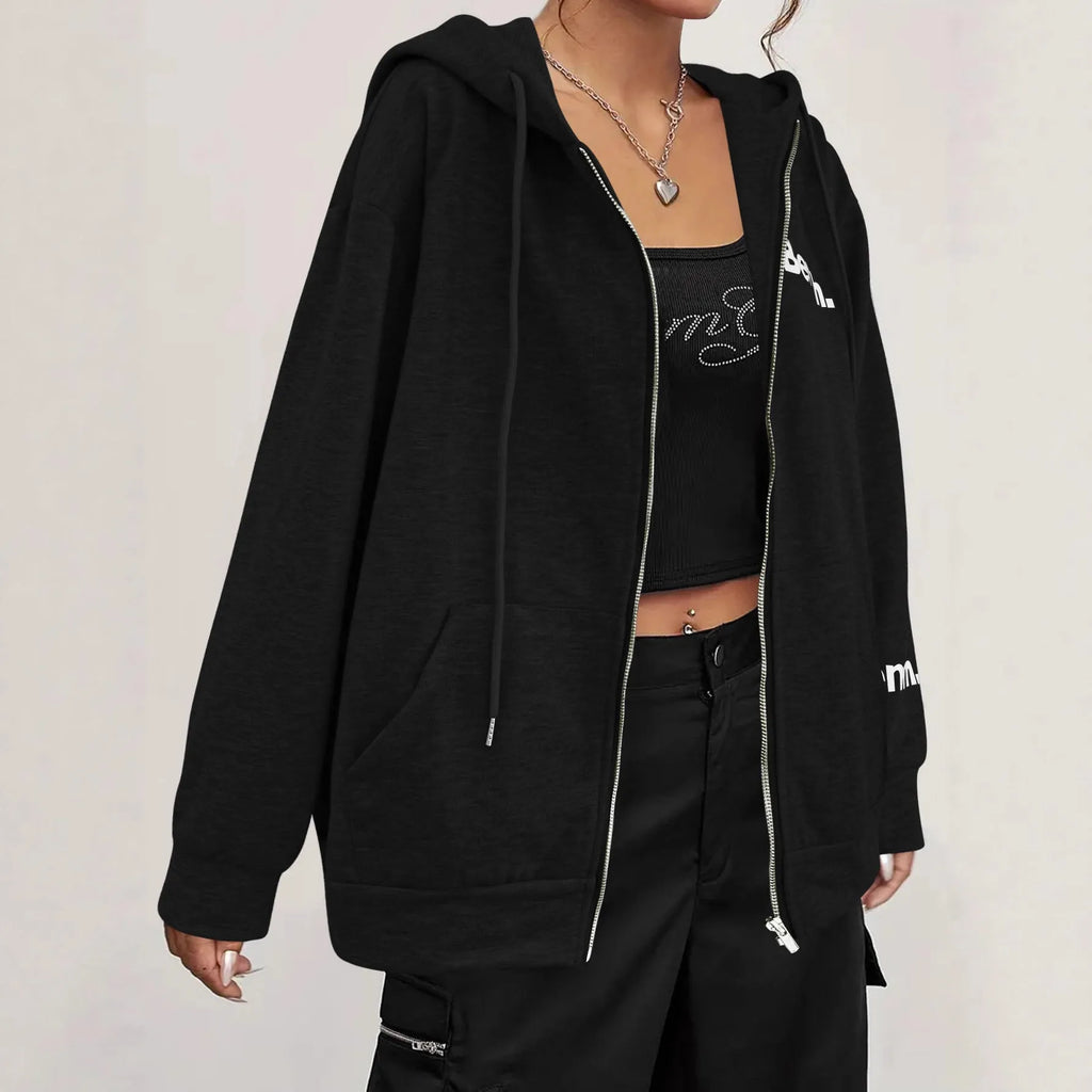 A black loose-fit zipper hooded sweater coat on a hanger, showing the full front zipper and hood.