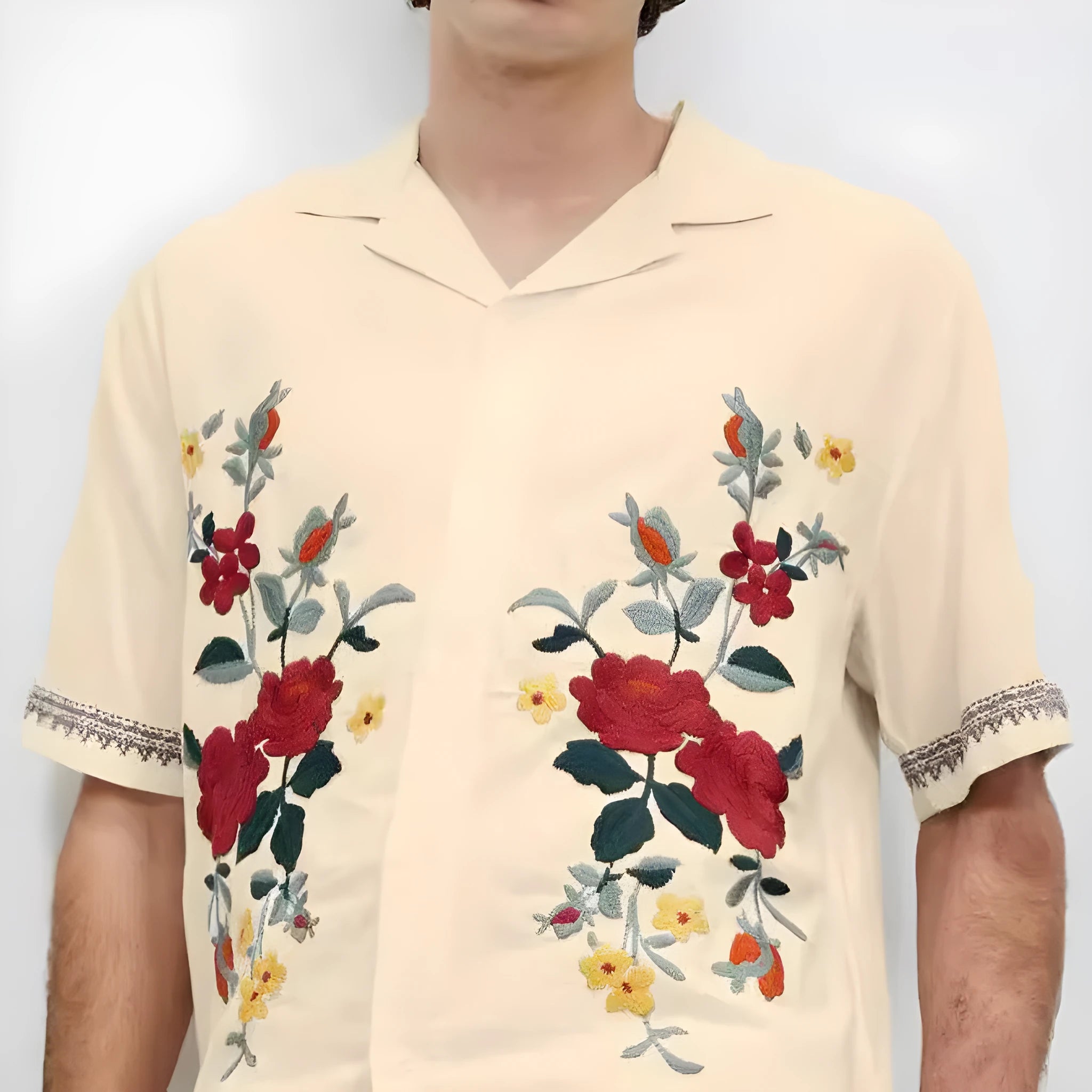 Men's vintage floral print shirt in apricot colour with short sleeves and lapel collar