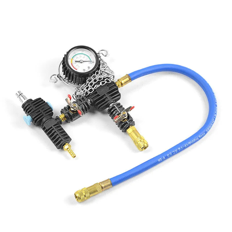 28-piece automotive cooling system diagnostic toolkit with pressure tester and vacuum purge functions