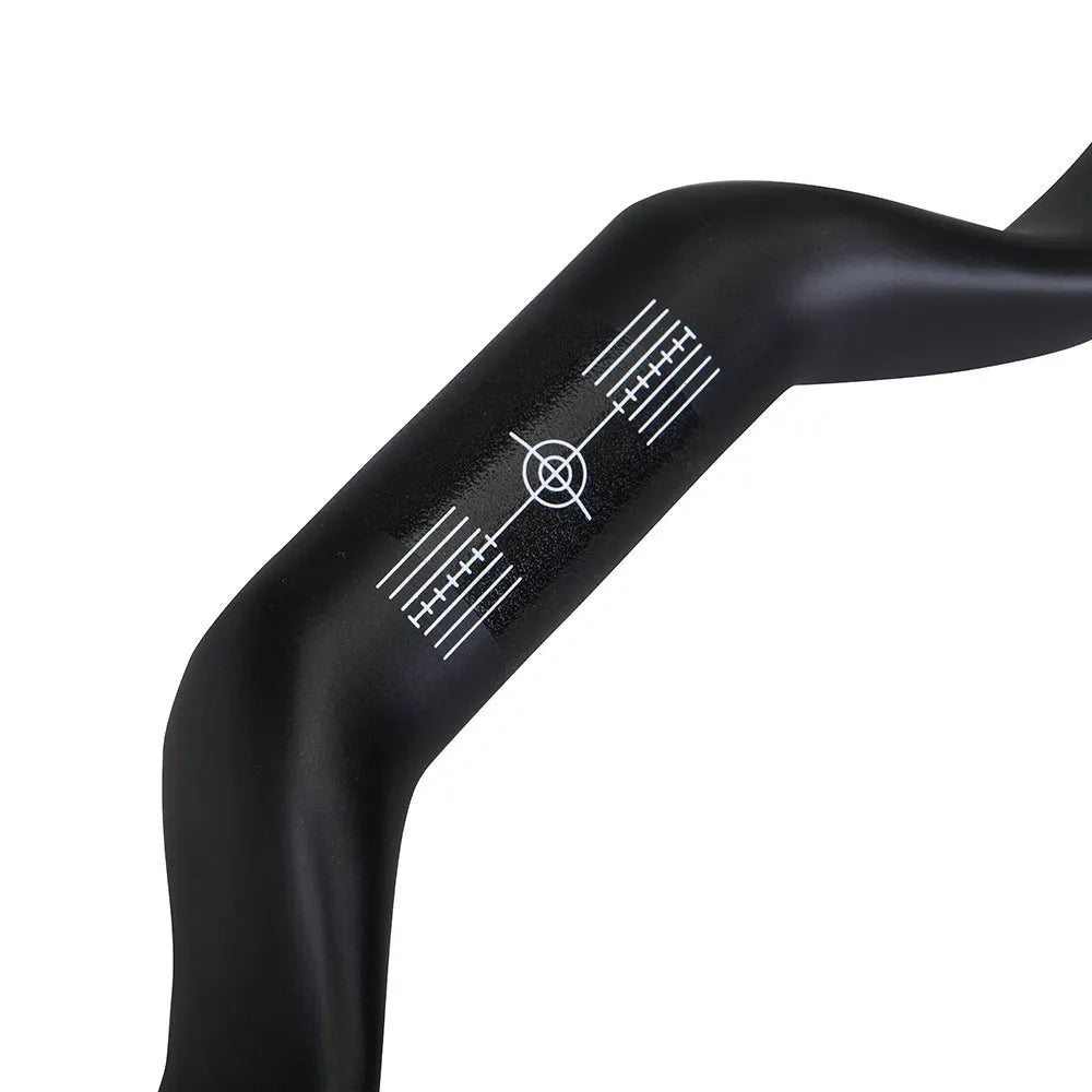 Black carbon fibre road bike handlebars showing large outer swing angle design
