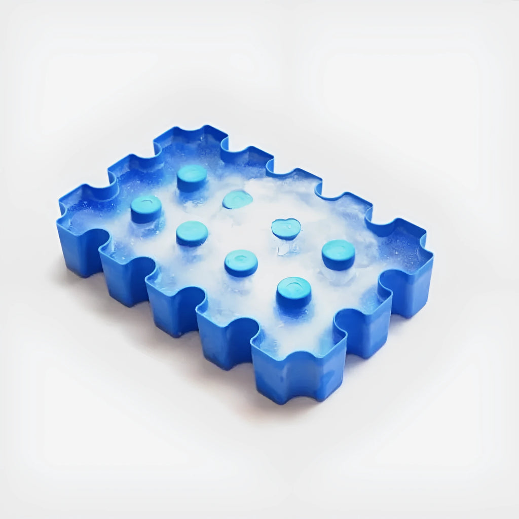 Blue plastic reusable ice block maker tray for outdoor coolers and camping.