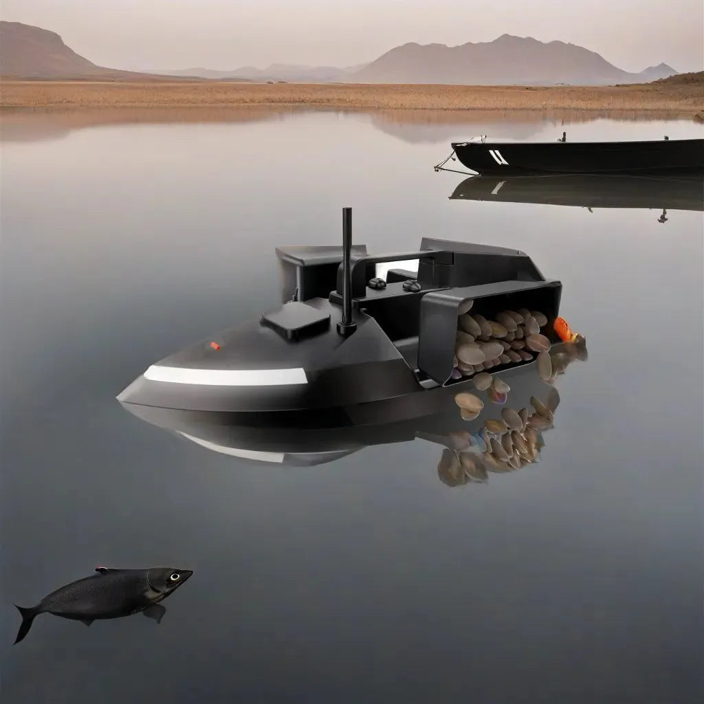 V020 GPS remote control fishing boat in luminous yellow on water, showing remote control with display.